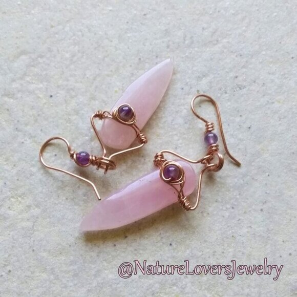 Absolutely Stunning! Rose Quartz + Amethyst Dagger Earrings! One-of-a-Kind! Boho - Picture 1 of 12